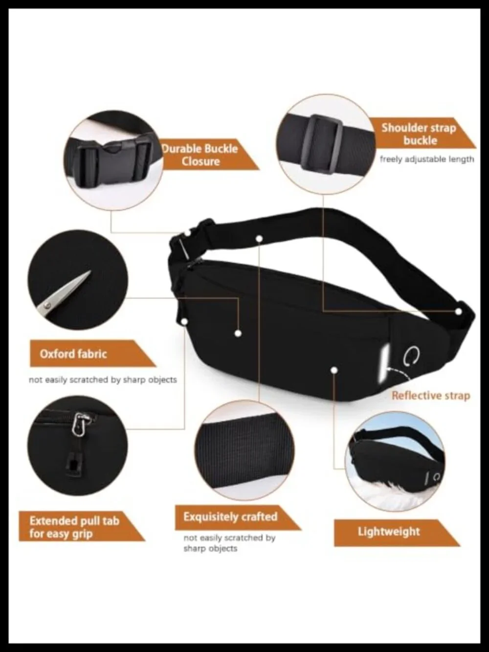 Reflective Running Waist Pack Crossbody Bag 3 Zip Pockets Oxford